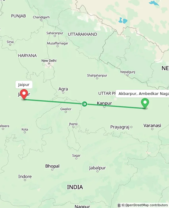 Route map showing distance and travel time from Akbarpur, Ambedkar Nagar, India to Jaipur, India