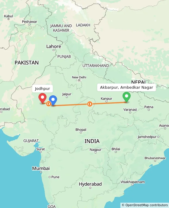 Route map showing distance and travel time from Akbarpur, Ambedkar Nagar, India to Jodhpur, India
