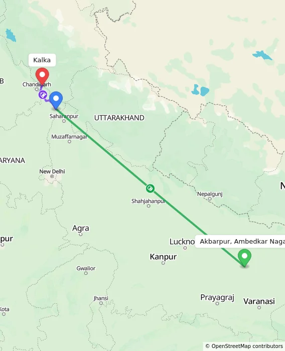 Route map showing distance and travel time from Akbarpur, Ambedkar Nagar, India to Kalka, India