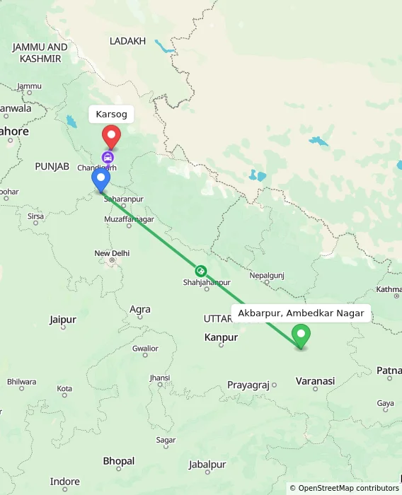 Route map showing distance and travel time from Akbarpur, Ambedkar Nagar, India to Karsog, India