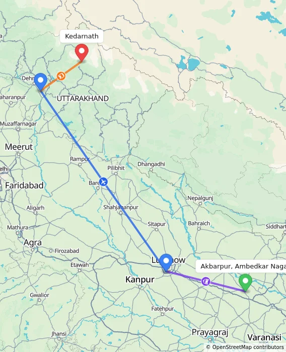 Route map showing distance and travel time from Akbarpur, Ambedkar Nagar, India to Kedarnath, India