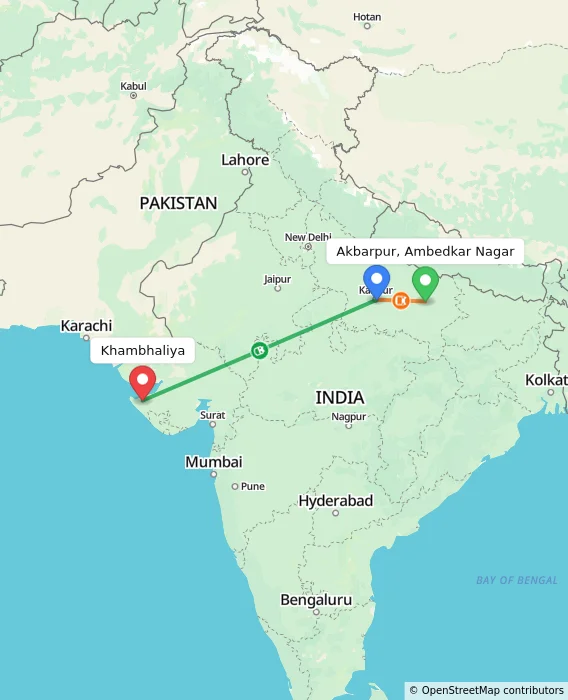 Route map showing distance and travel time from Akbarpur, Ambedkar Nagar, India to Khambhaliya, India