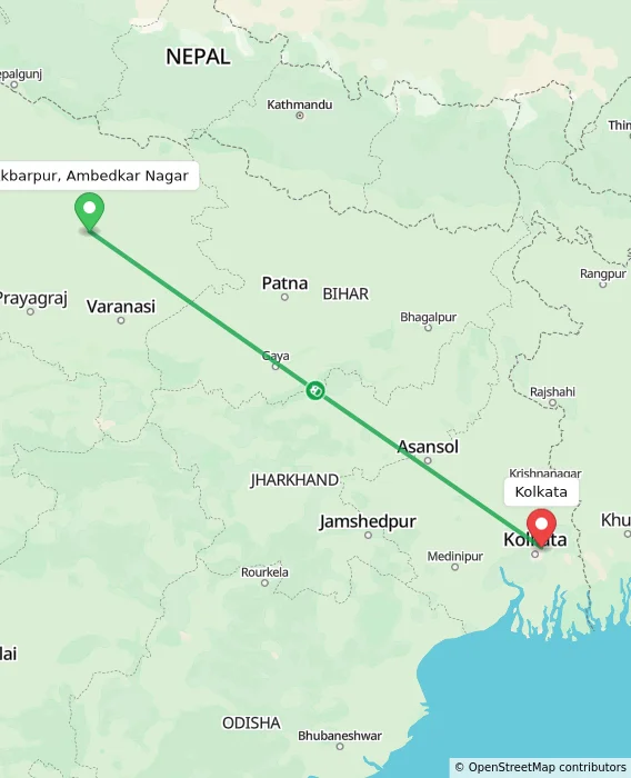 Route map showing distance and travel time from Akbarpur, Ambedkar Nagar, India to Kolkata, India