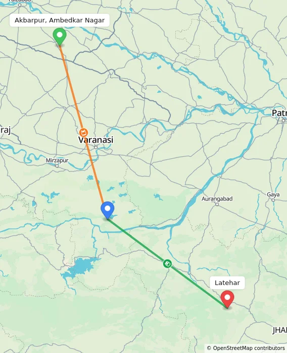 Route map showing distance and travel time from Akbarpur, Ambedkar Nagar, India to Latehar, India