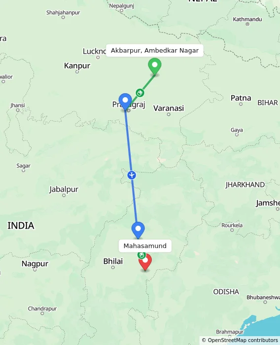 Route map showing distance and travel time from Akbarpur, Ambedkar Nagar, India to Mahasamund, India