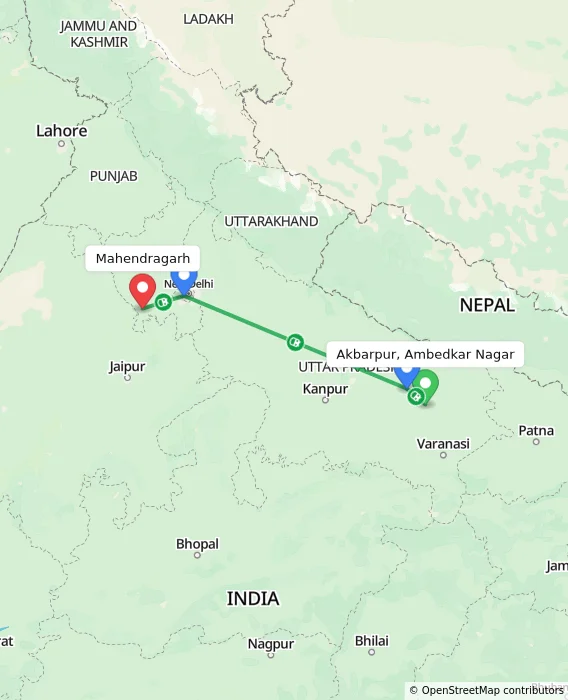 Route map showing distance and travel time from Akbarpur, Ambedkar Nagar, India to Mahendragarh, India