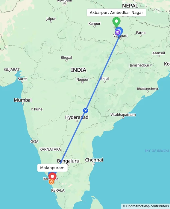 Route map showing distance and travel time from Akbarpur, Ambedkar Nagar, India to Malappuram, India