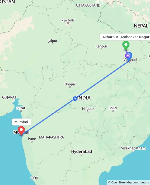 Route map showing distance and travel time from Akbarpur, Ambedkar Nagar, India to Mumbai, India