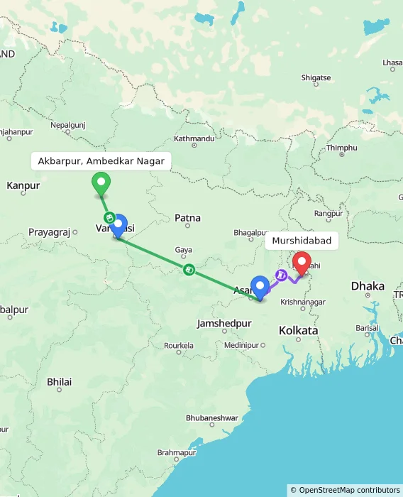 Route map showing distance and travel time from Akbarpur, Ambedkar Nagar, India to Murshidabad, India