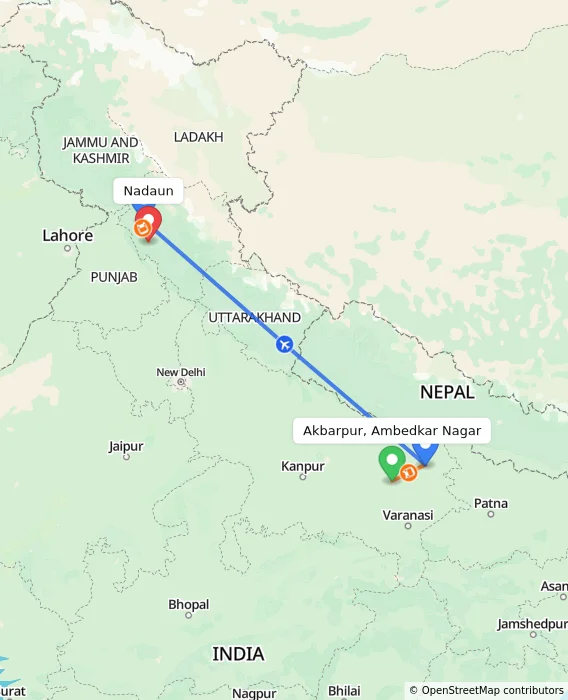 Route map showing distance and travel time from Akbarpur, Ambedkar Nagar, India to Nadaun, India