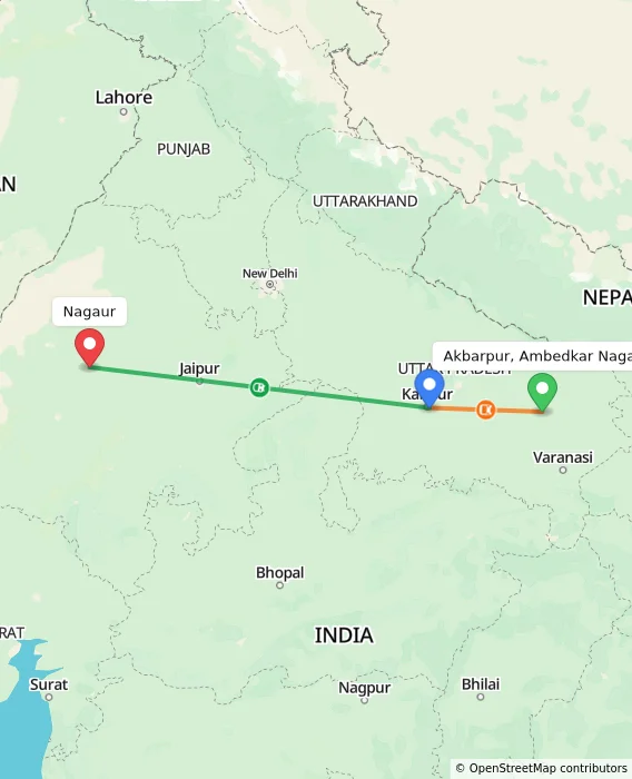 Route map showing distance and travel time from Akbarpur, Ambedkar Nagar, India to Nagaur, India