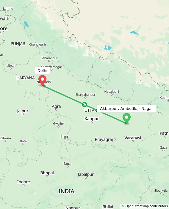 Route map showing distance and travel time from Akbarpur, Ambedkar Nagar, India to Delhi, India