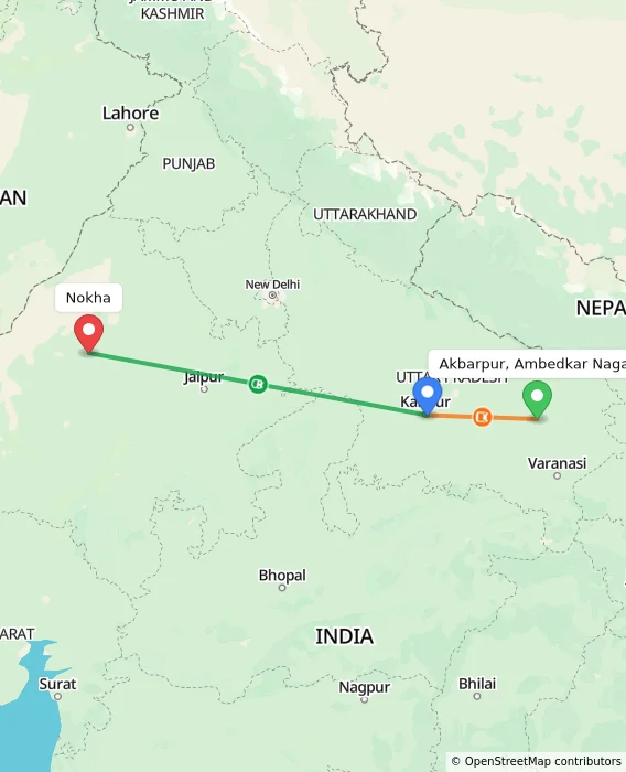 Route map showing distance and travel time from Akbarpur, Ambedkar Nagar, India to Nokha, India