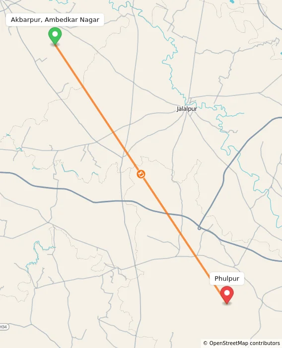Route map showing distance and travel time from Akbarpur, Ambedkar Nagar, India to Phulpur, India