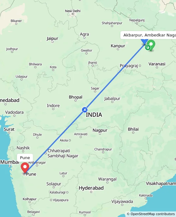 Route map showing distance and travel time from Akbarpur, Ambedkar Nagar, India to Pune, India