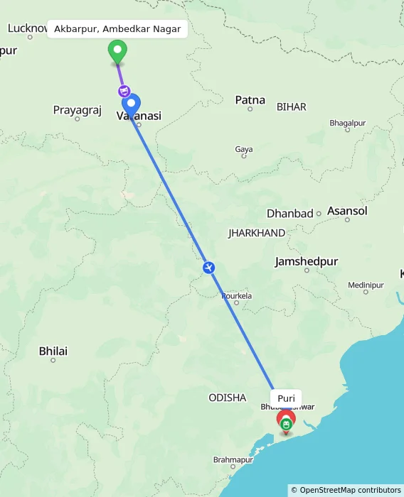Route map showing distance and travel time from Akbarpur, Ambedkar Nagar, India to Puri, India