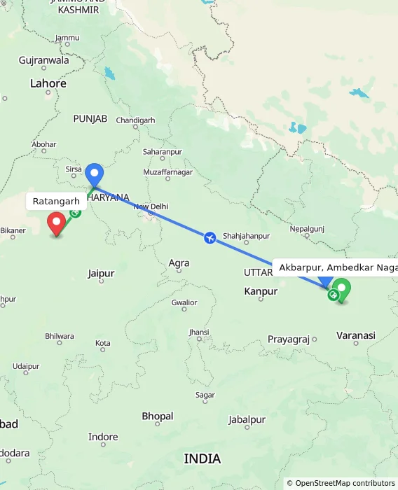 Route map showing distance and travel time from Akbarpur, Ambedkar Nagar, India to Ratangarh, India