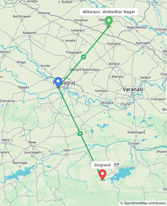 Route map showing distance and travel time from Akbarpur, Ambedkar Nagar, India to Singrauli, India