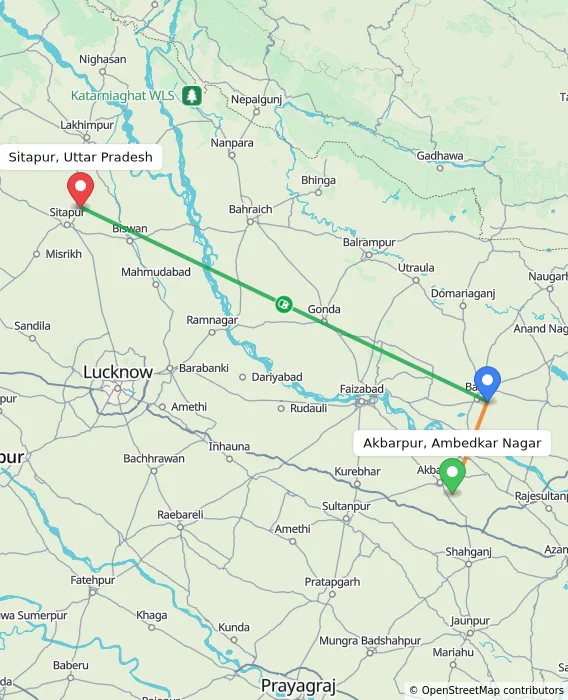 Route map showing distance and travel time from Akbarpur, Ambedkar Nagar, India to Sitapur, Uttar Pradesh, India