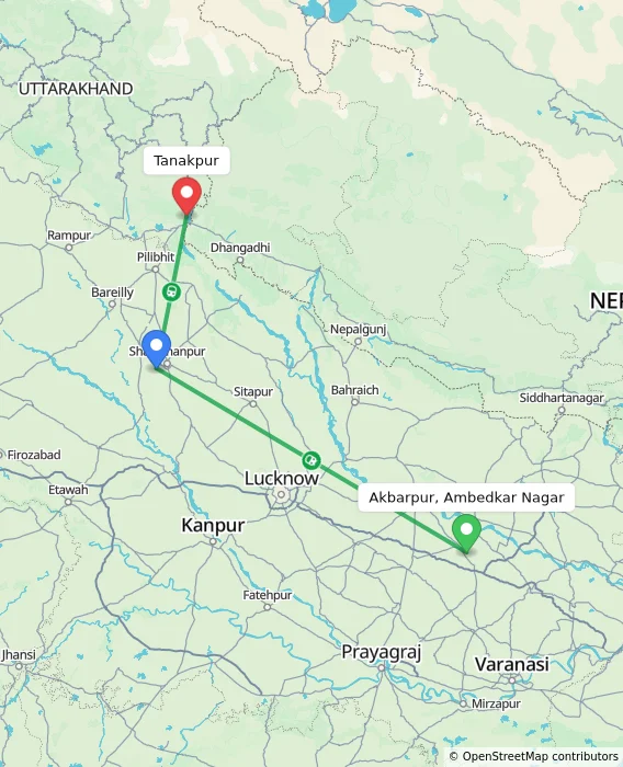 Route map showing distance and travel time from Akbarpur, Ambedkar Nagar, India to Tanakpur, India