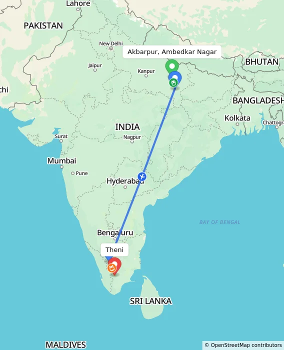 Route map showing distance and travel time from Akbarpur, Ambedkar Nagar, India to Theni, India