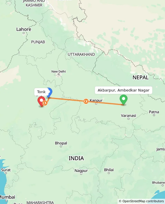Route map showing distance and travel time from Akbarpur, Ambedkar Nagar, India to Tonk, India