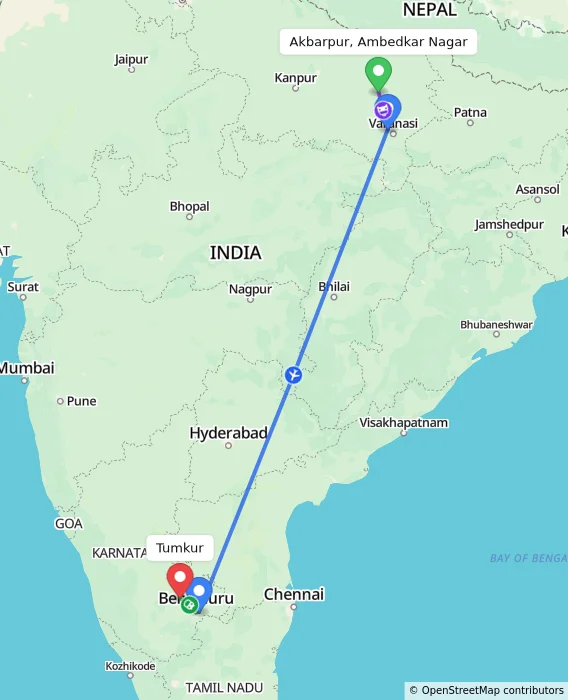 Route map showing distance and travel time from Akbarpur, Ambedkar Nagar, India to Tumkur, India