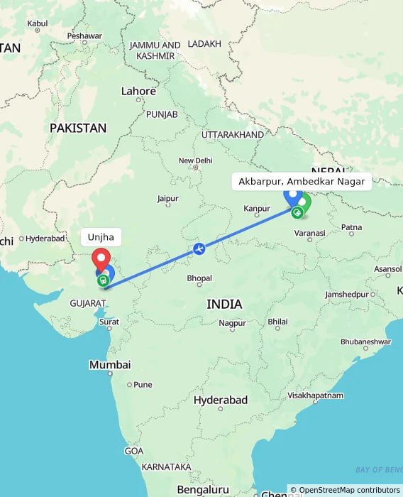 Route map showing distance and travel time from Akbarpur, Ambedkar Nagar, India to Unjha, India