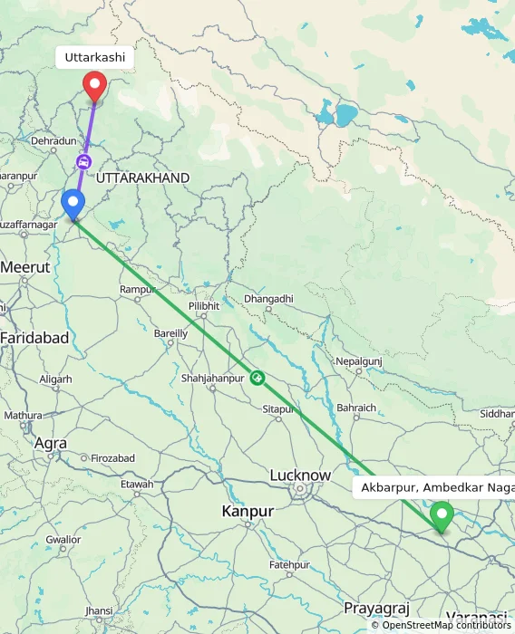 Route map showing distance and travel time from Akbarpur, Ambedkar Nagar, India to Uttarkashi, India