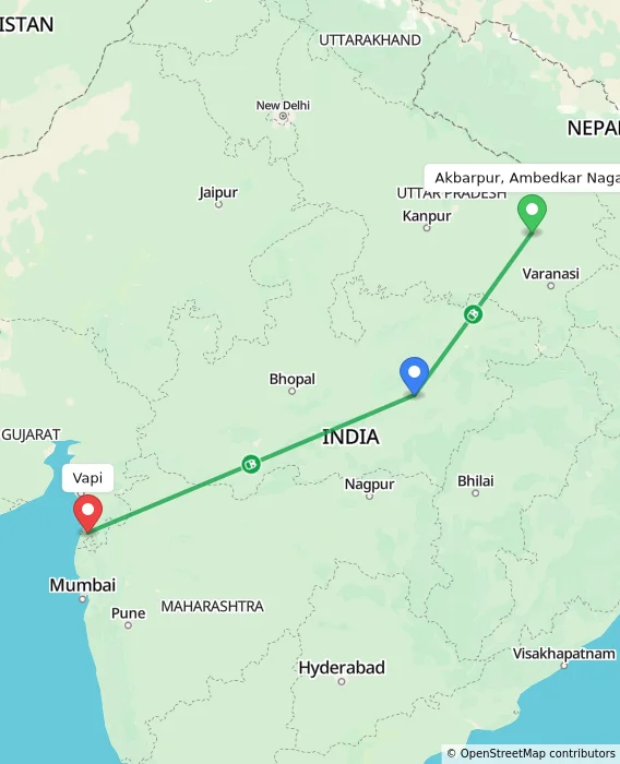 Route map showing distance and travel time from Akbarpur, Ambedkar Nagar, India to Vapi, India