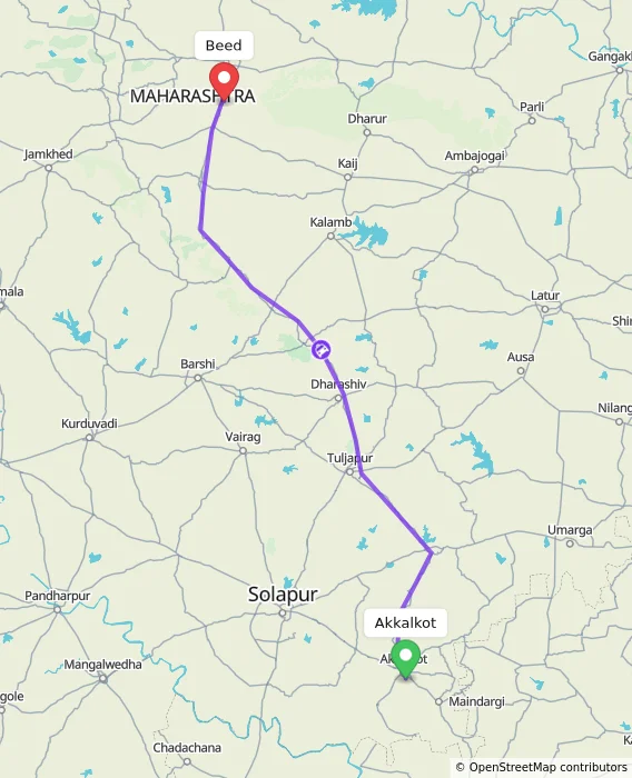 Route map showing distance and travel time from Akkalkot, India to Beed, India