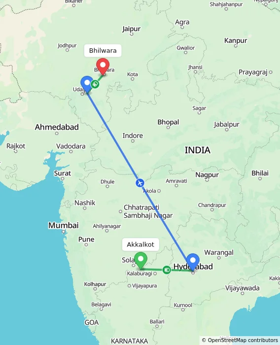 Route map showing distance and travel time from Akkalkot, India to Bhilwara, India