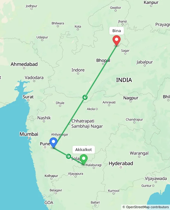 Route map showing distance and travel time from Akkalkot, India to Bina, India