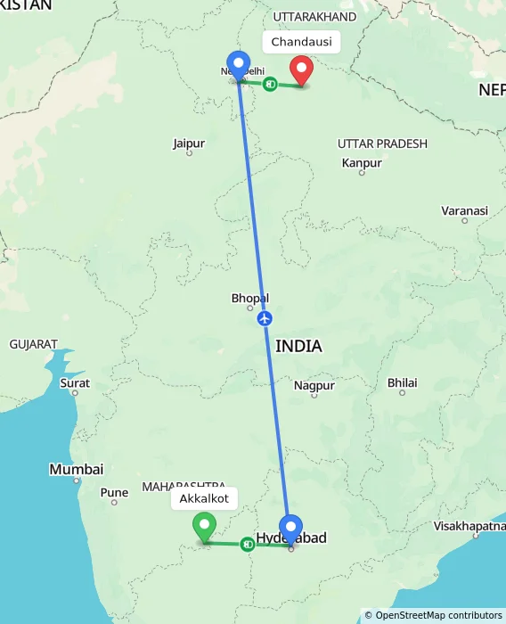 Route map showing distance and travel time from Akkalkot, India to Chandausi, India