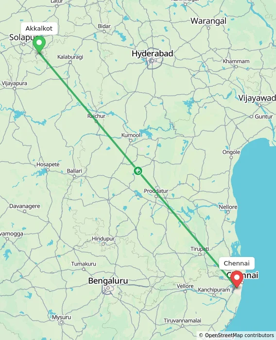 Route map showing distance and travel time from Akkalkot, India to Chennai, India