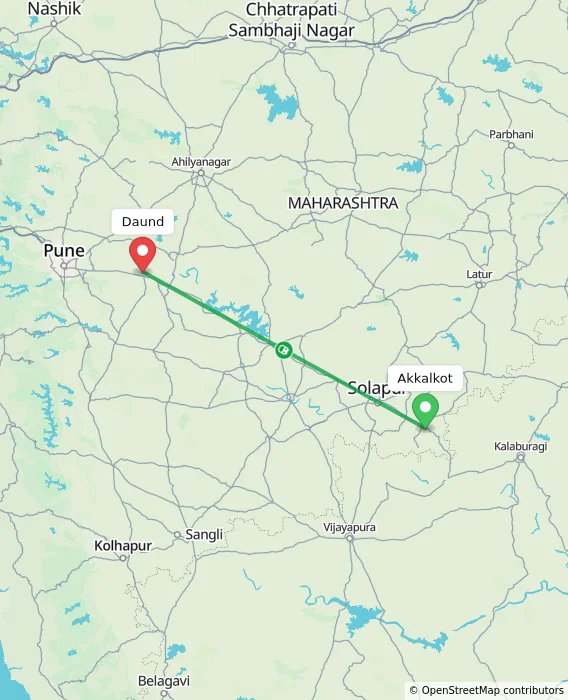 Route map showing distance and travel time from Akkalkot, India to Daund, India