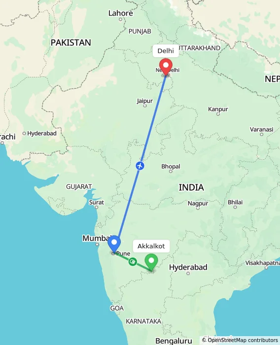 Route map showing distance and travel time from Akkalkot, India to Delhi, India