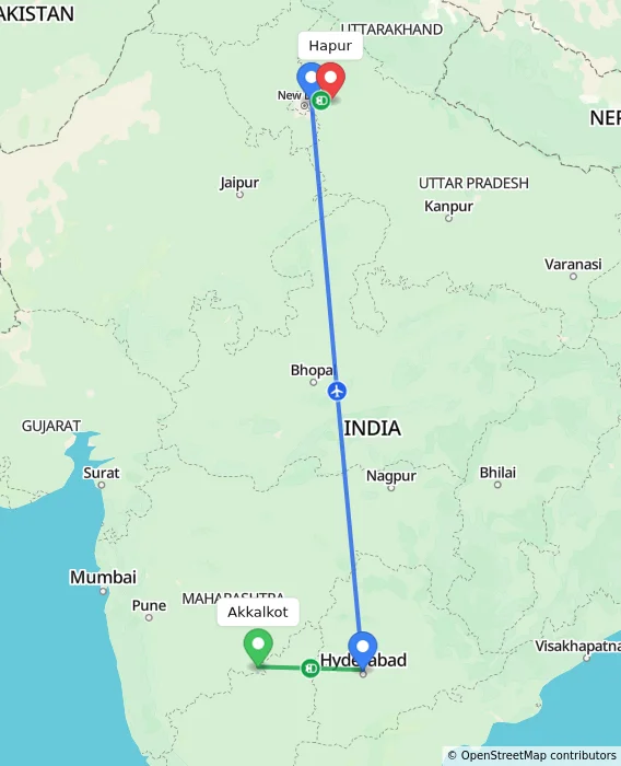 Route map showing distance and travel time from Akkalkot, India to Hapur, India