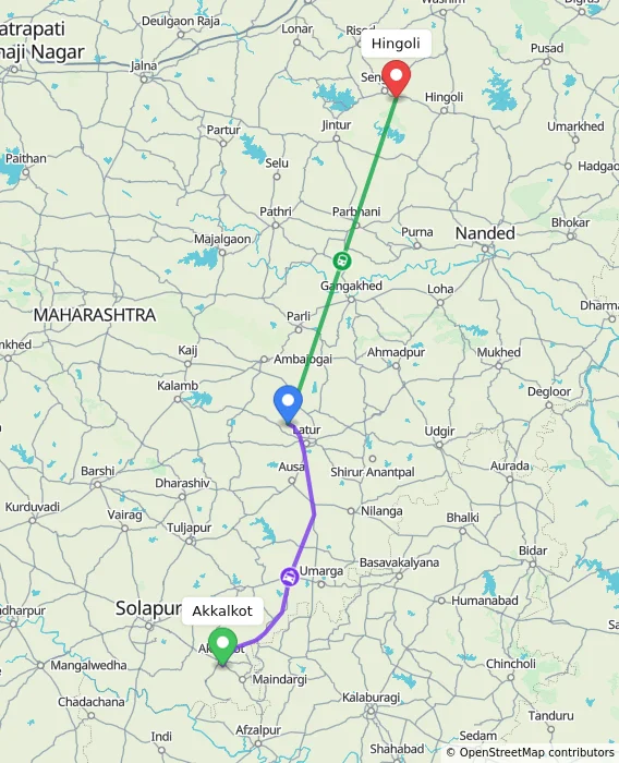 Route map showing distance and travel time from Akkalkot, India to Hingoli, India
