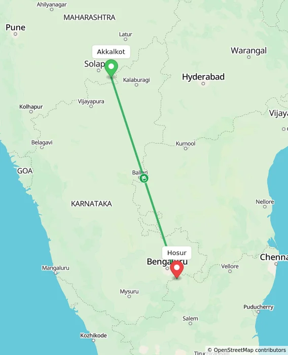 Route map showing distance and travel time from Akkalkot, India to Hosur, India