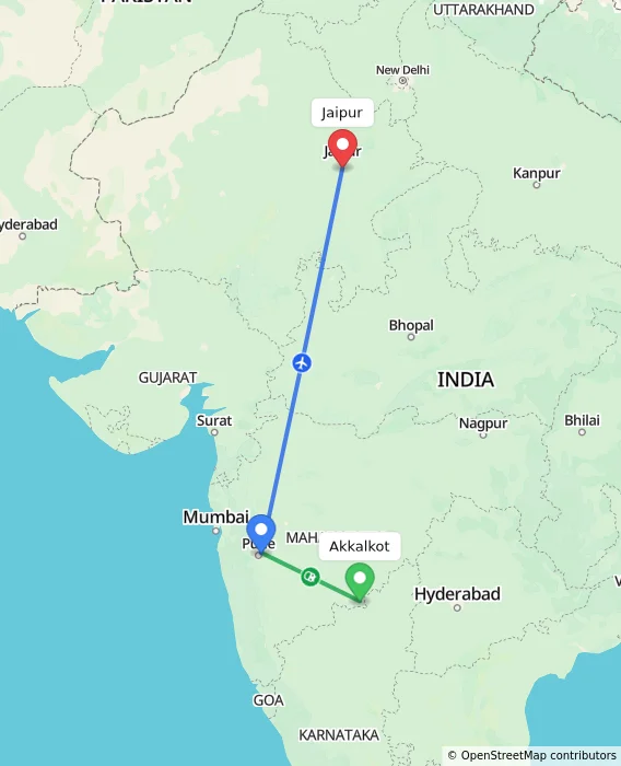 Route map showing distance and travel time from Akkalkot, India to Jaipur, India