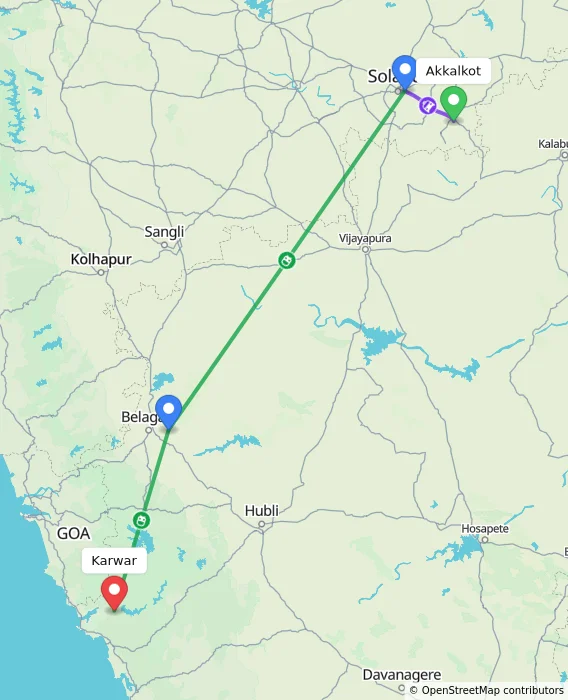 Route map showing distance and travel time from Akkalkot, India to Karwar, India