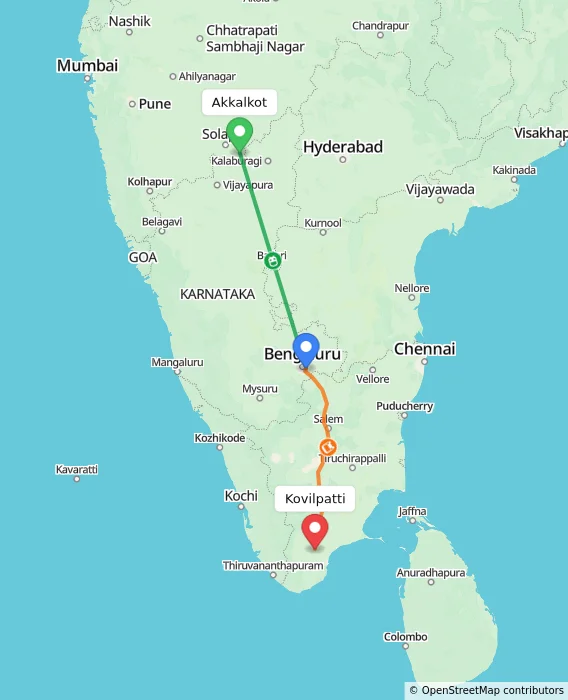 Route map showing distance and travel time from Akkalkot, India to Kovilpatti, India