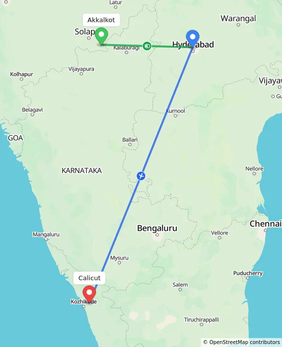 Route map showing distance and travel time from Akkalkot, India to Kozhikode, India