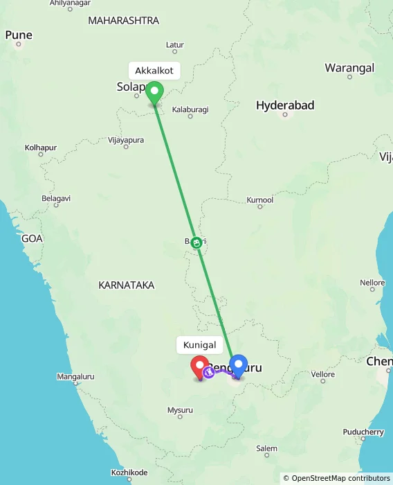Route map showing distance and travel time from Akkalkot, India to Kunigal, India