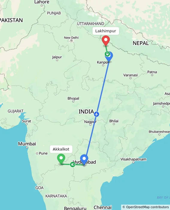 Route map showing distance and travel time from Akkalkot, India to Lakhimpur, India