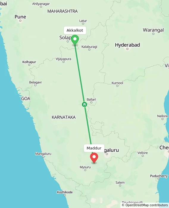 Route map showing distance and travel time from Akkalkot, India to Maddur, India