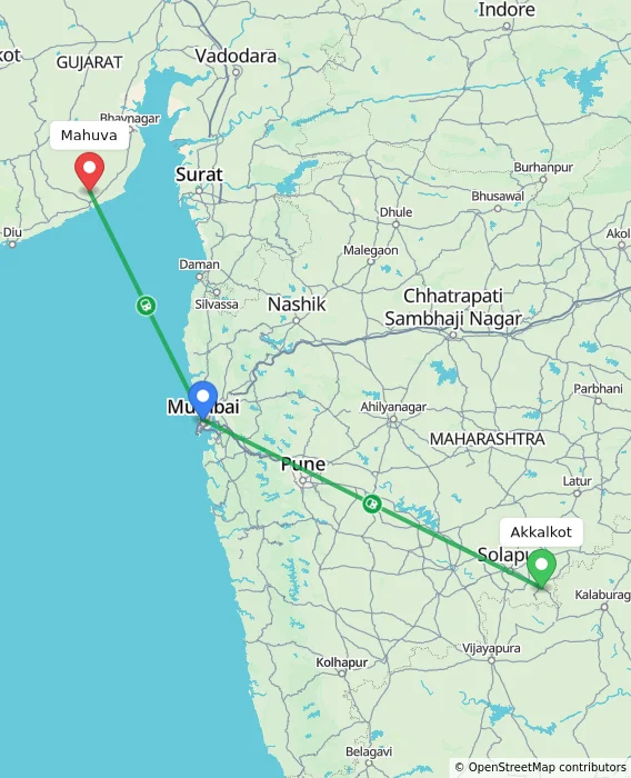 Route map showing distance and travel time from Akkalkot, India to Mahuva, India