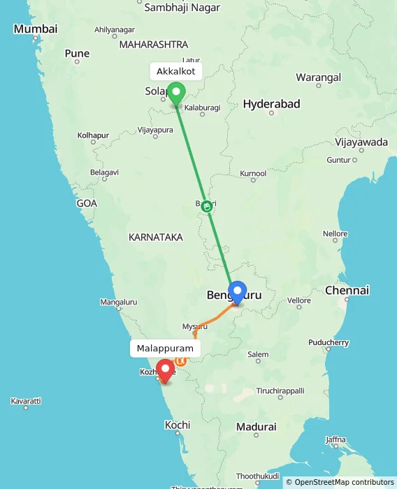 Route map showing distance and travel time from Akkalkot, India to Malappuram, India