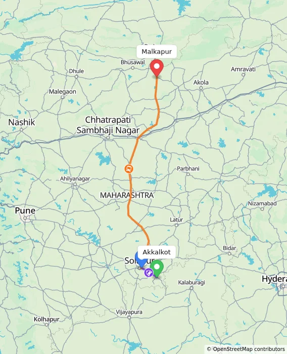 Route map showing distance and travel time from Akkalkot, India to Malkapur, India